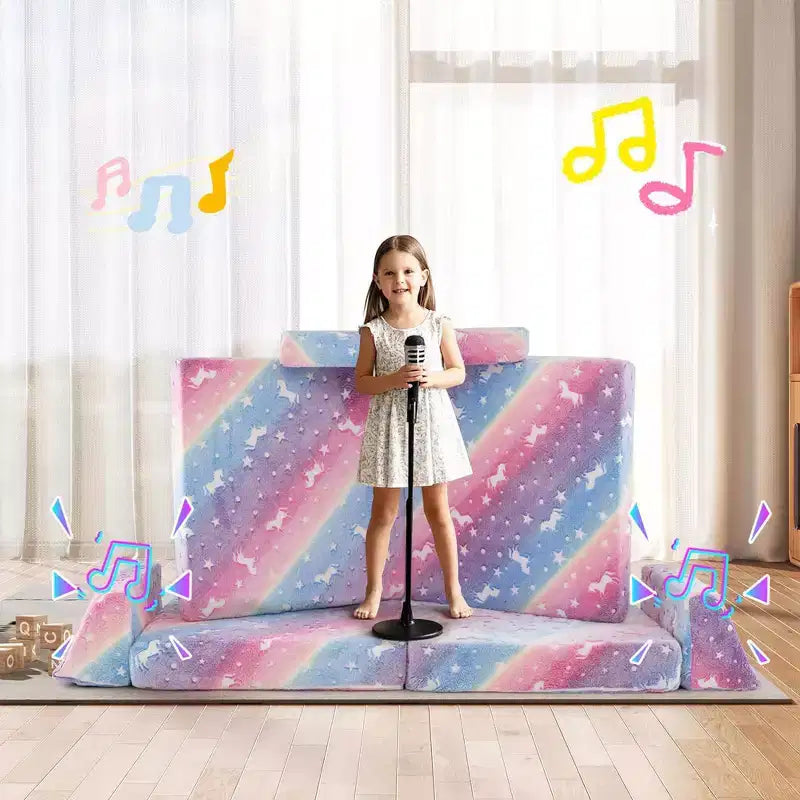 Canapé de jeu modulaire Costway 8 pièces pour enfants avec poignées Housse lavable en machine pour construire une forteresse Gris/Multicolore