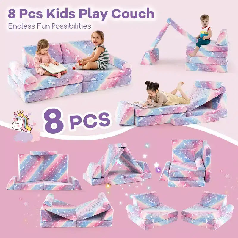 Canapé de jeu modulaire Costway 8 pièces pour enfants avec poignées Housse lavable en machine pour construire une forteresse Gris/Multicolore