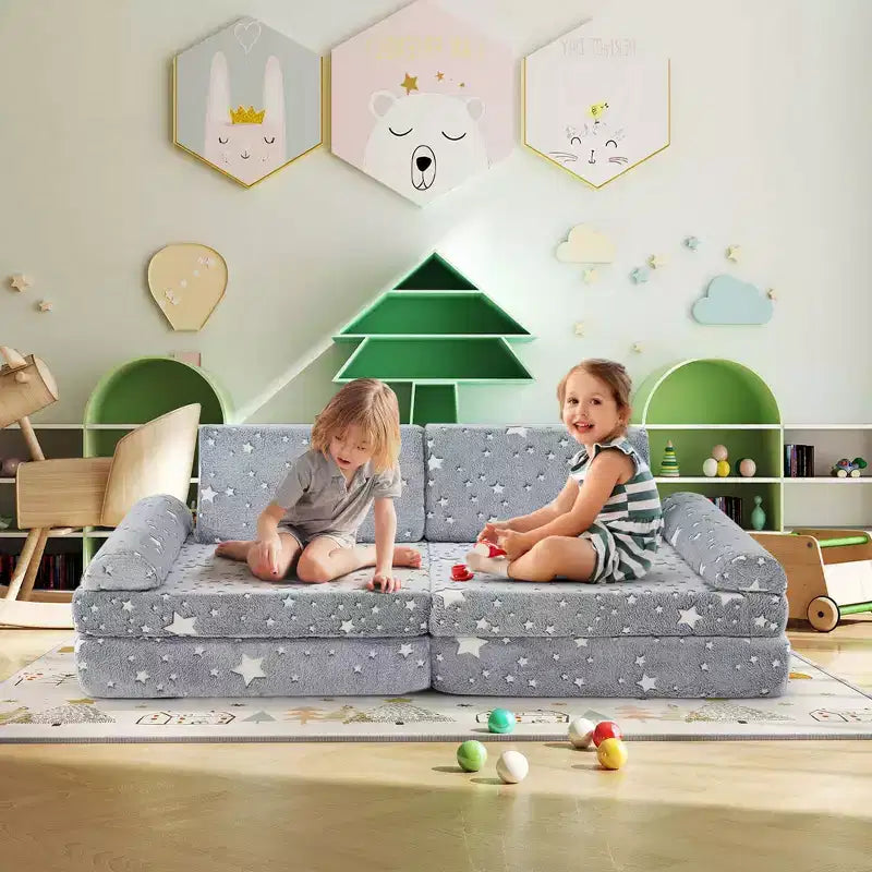 Canapé de jeu modulaire Costway 8 pièces pour enfants avec poignées Housse lavable en machine pour construire une forteresse Gris/Multicolore