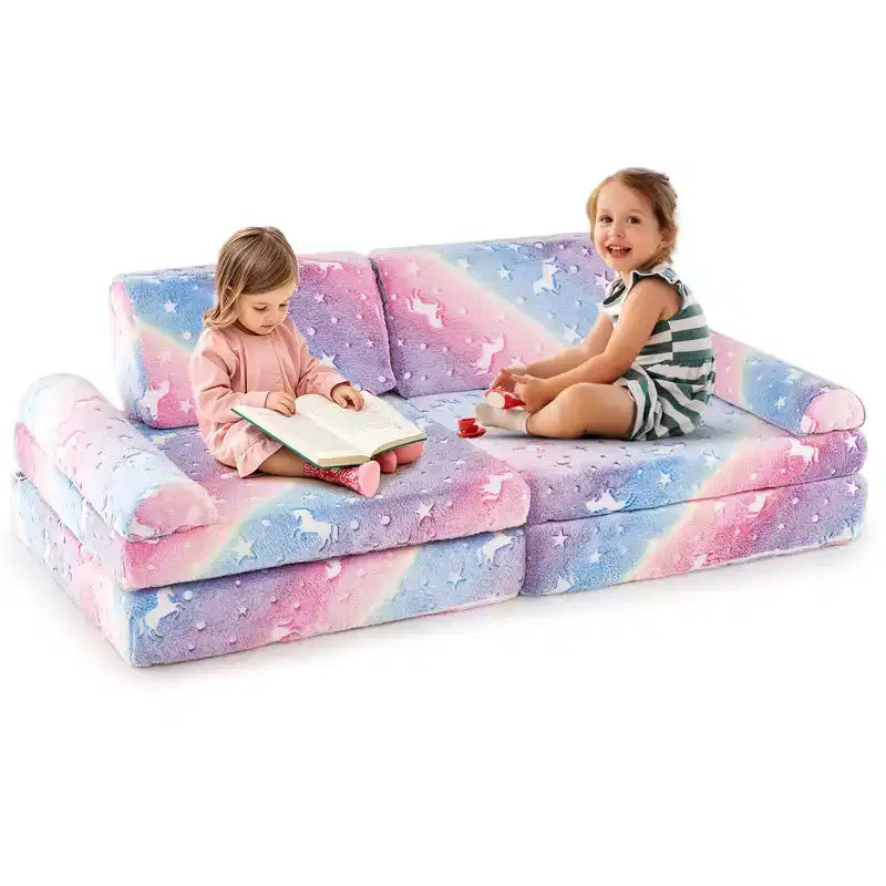 Canapé de jeu modulaire Costway 8 pièces pour enfants avec poignées Housse lavable en machine pour construire une forteresse Gris/Multicolore