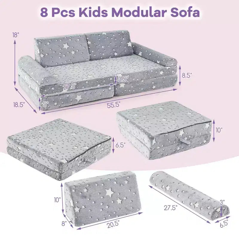 Canapé de jeu modulaire Costway 8 pièces pour enfants avec poignées Housse lavable en machine pour construire une forteresse Gris/Multicolore