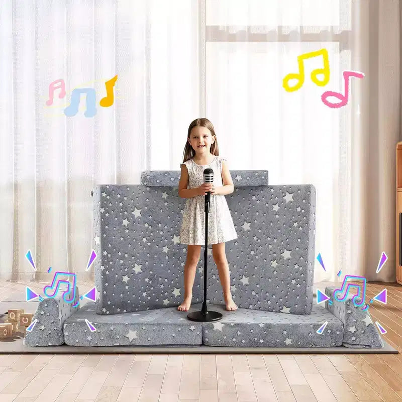 Canapé de jeu modulaire Costway 8 pièces pour enfants avec poignées Housse lavable en machine pour construire une forteresse Gris/Multicolore