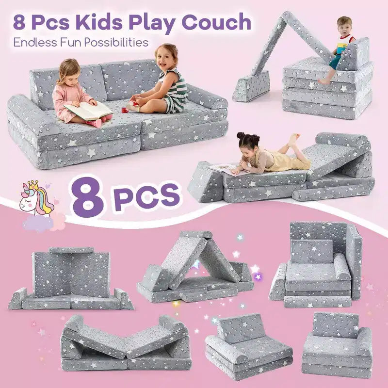 Canapé de jeu modulaire Costway 8 pièces pour enfants avec poignées Housse lavable en machine pour construire une forteresse Gris/Multicolore
