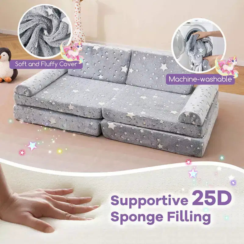 Canapé de jeu modulaire Costway 8 pièces pour enfants avec poignées Housse lavable en machine pour construire une forteresse Gris/Multicolore