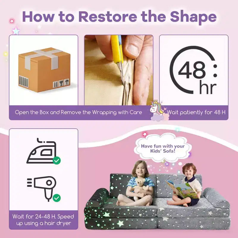 Canapé de jeu modulaire Costway 8 pièces pour enfants avec poignées Housse lavable en machine pour construire une forteresse Gris/Multicolore