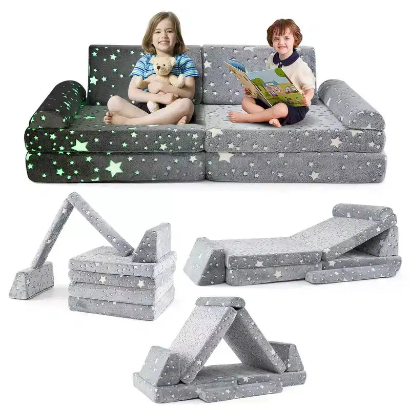 Costway 8 PCS Modular Kids Play Couch with Handles Machine Washable Covers for Building Fort Gray/Multicolor