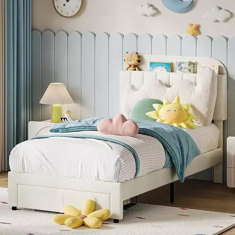Twin Platform Bed Frame for Kids, Stylish Velvet Upholstered Headboard and Convenient Storage Drawer, Suitable for Organizing Toys and Essentials.
