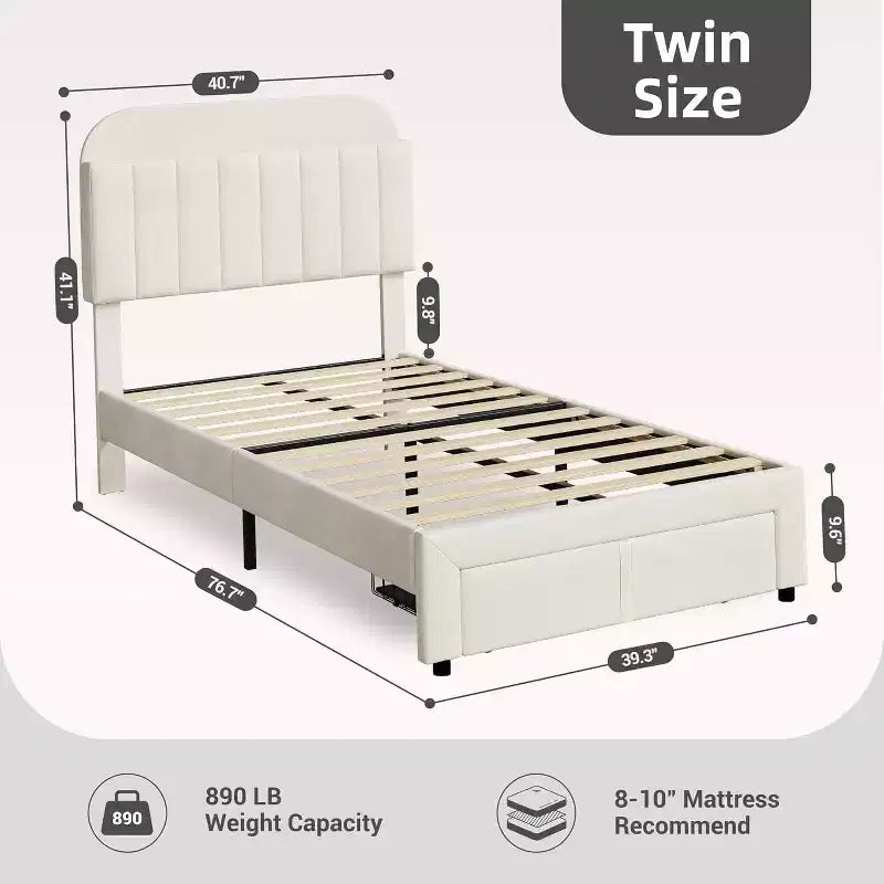 Cadre de lit double pour enfants, avec tête de lit élégante en velours et tiroir de rangement pratique, idéal pour organiser jouets et accessoires essentiels.