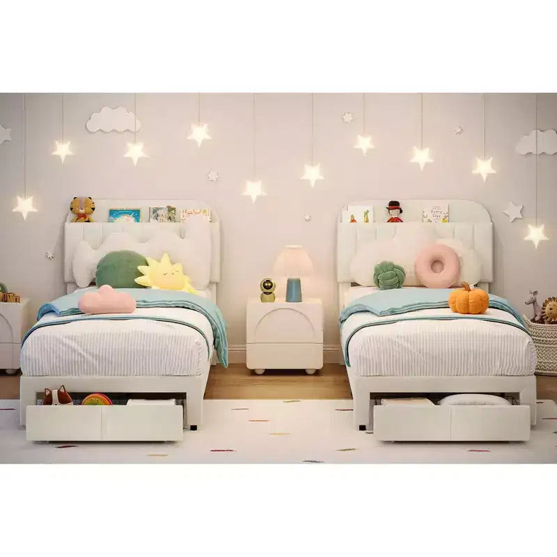 Cadre de lit double pour enfants, avec tête de lit élégante en velours et tiroir de rangement pratique, idéal pour organiser jouets et accessoires essentiels.