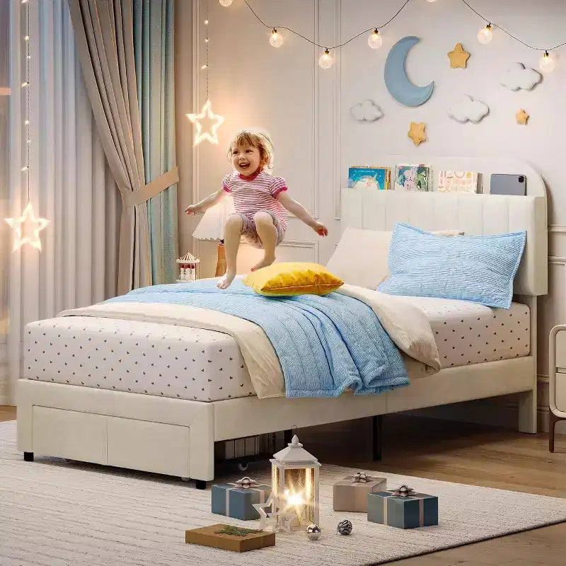 Cadre de lit double pour enfants, avec tête de lit élégante en velours et tiroir de rangement pratique, idéal pour organiser jouets et accessoires essentiels.