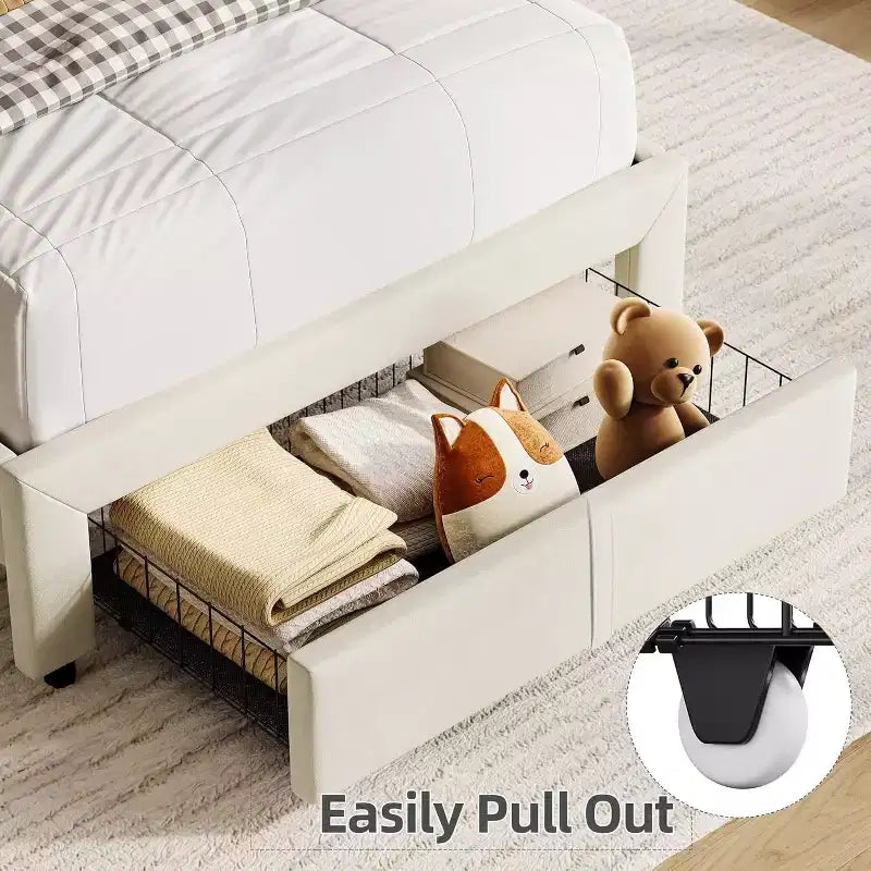 Cadre de lit double pour enfants, avec tête de lit élégante en velours et tiroir de rangement pratique, idéal pour organiser jouets et accessoires essentiels.