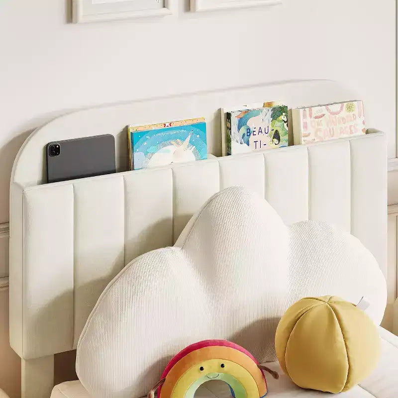 Cadre de lit double pour enfants, avec tête de lit élégante en velours et tiroir de rangement pratique, idéal pour organiser jouets et accessoires essentiels.