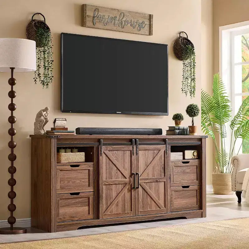 Meuble TV avec cheminée pour téléviseur de 80 pouces, meuble de divertissement style ferme de 32 pouces de haut avec tiroir, console média avec porte coulissante de style grange pour salon