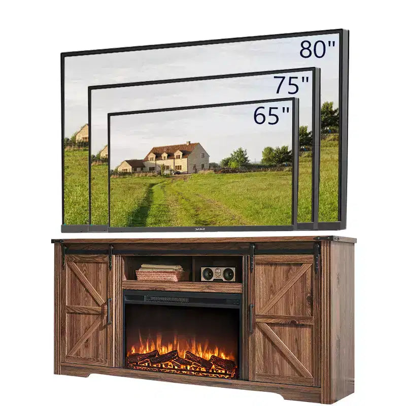 Meuble TV avec cheminée pour téléviseur de 80 pouces, meuble de divertissement style ferme de 32 pouces de haut avec tiroir, console média avec porte coulissante de style grange pour salon