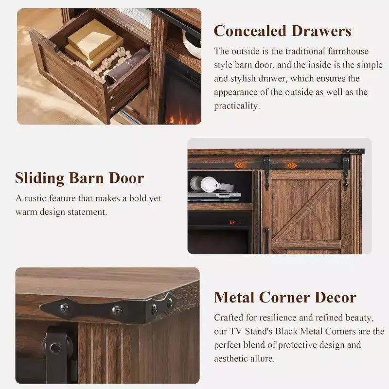 Meuble TV avec cheminée pour téléviseur de 80 pouces, meuble de divertissement style ferme de 32 pouces de haut avec tiroir, console média avec porte coulissante de style grange pour salon