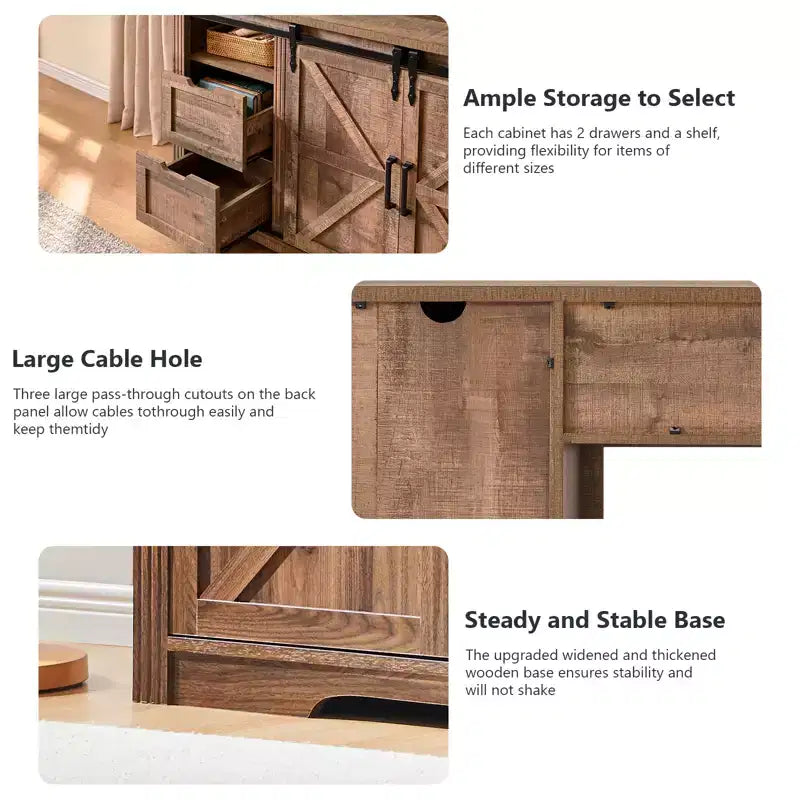 Meuble TV avec cheminée pour téléviseur de 80 pouces, meuble de divertissement style ferme de 32 pouces de haut avec tiroir, console média avec porte coulissante de style grange pour salon