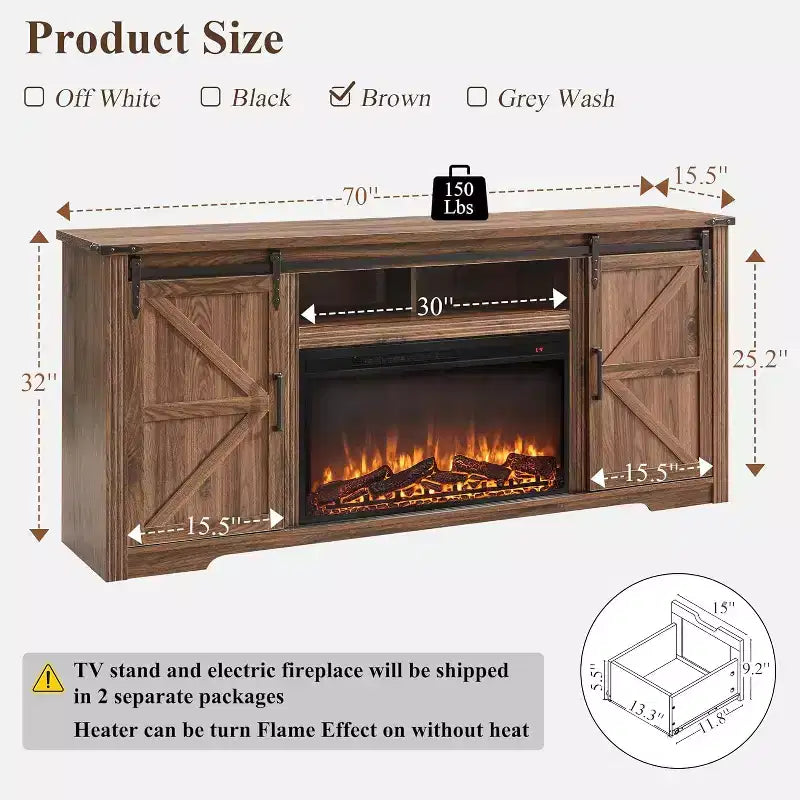 Meuble TV avec cheminée pour téléviseur de 80 pouces, meuble de divertissement style ferme de 32 pouces de haut avec tiroir, console média avec porte coulissante de style grange pour salon