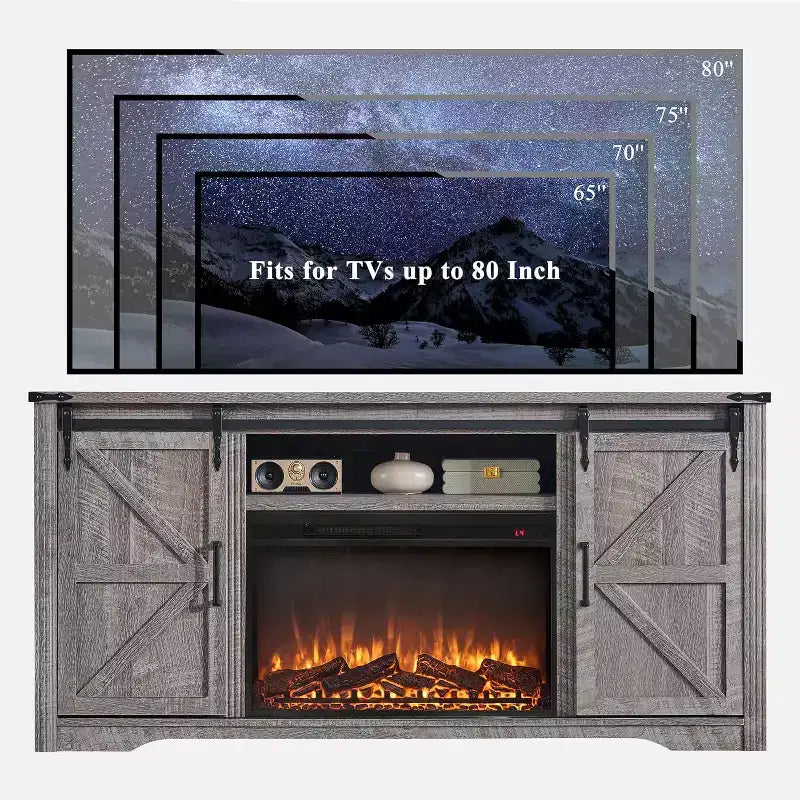 Meuble TV avec cheminée pour téléviseur de 80 pouces, meuble de divertissement style ferme de 32 pouces de haut avec tiroir, console média avec porte coulissante de style grange pour salon