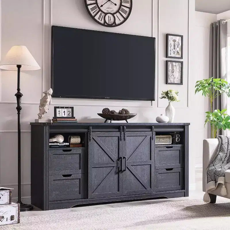 Meuble TV avec cheminée pour téléviseur de 80 pouces, meuble de divertissement style ferme de 32 pouces de haut avec tiroir, console média avec porte coulissante de style grange pour salon