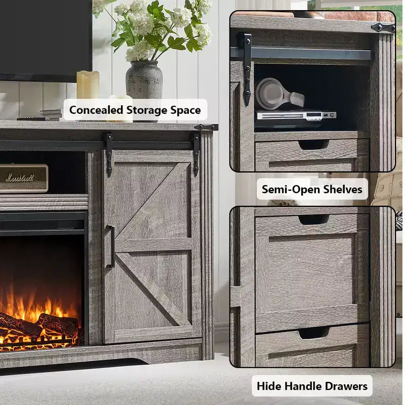 Meuble TV avec cheminée pour téléviseur de 80 pouces, meuble de divertissement style ferme de 32 pouces de haut avec tiroir, console média avec porte coulissante de style grange pour salon