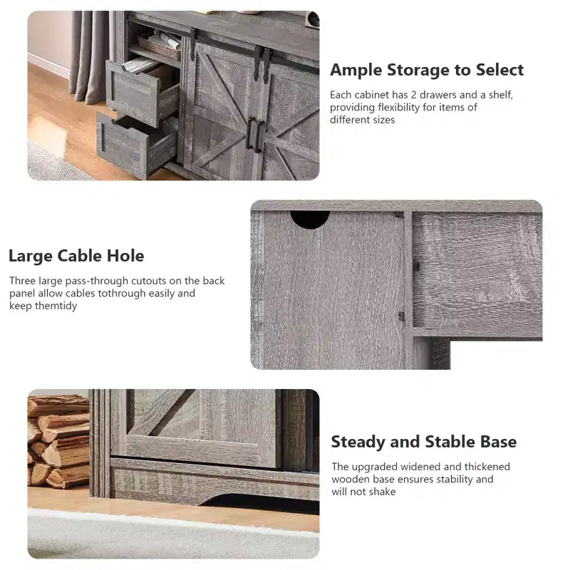 Meuble TV avec cheminée pour téléviseur de 80 pouces, meuble de divertissement style ferme de 32 pouces de haut avec tiroir, console média avec porte coulissante de style grange pour salon