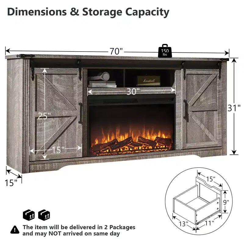 Meuble TV avec cheminée pour téléviseur de 80 pouces, meuble de divertissement style ferme de 32 pouces de haut avec tiroir, console média avec porte coulissante de style grange pour salon