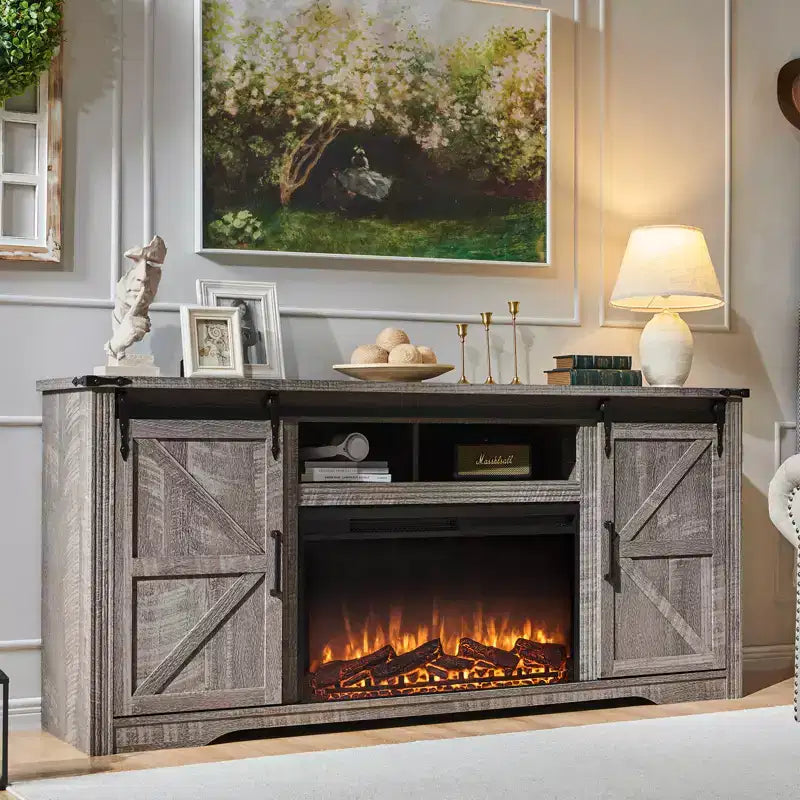 Meuble TV avec cheminée pour téléviseur de 80 pouces, meuble de divertissement style ferme de 32 pouces de haut avec tiroir, console média avec porte coulissante de style grange pour salon
