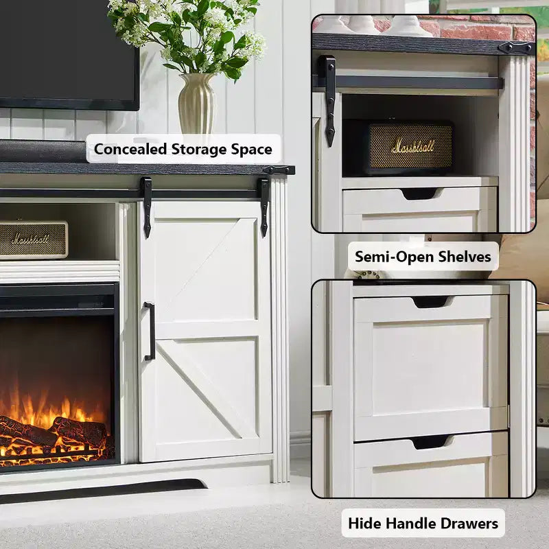 Meuble TV avec cheminée pour téléviseur de 80 pouces, meuble de divertissement style ferme de 32 pouces de haut avec tiroir, console média avec porte coulissante de style grange pour salon