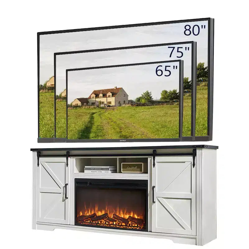 Meuble TV avec cheminée pour téléviseur de 80 pouces, meuble de divertissement style ferme de 32 pouces de haut avec tiroir, console média avec porte coulissante de style grange pour salon