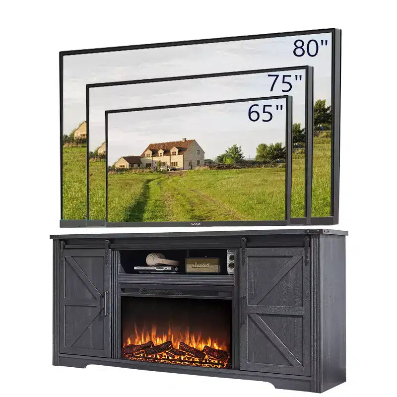 Meuble TV avec cheminée pour téléviseur de 80 pouces, meuble de divertissement style ferme de 32 pouces de haut avec tiroir, console média avec porte coulissante de style grange pour salon