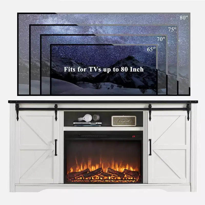 Meuble TV avec cheminée pour téléviseur de 80 pouces, meuble de divertissement style ferme de 32 pouces de haut avec tiroir, console média avec porte coulissante de style grange pour salon