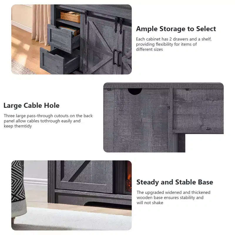 Meuble TV avec cheminée pour téléviseur de 80 pouces, meuble de divertissement style ferme de 32 pouces de haut avec tiroir, console média avec porte coulissante de style grange pour salon