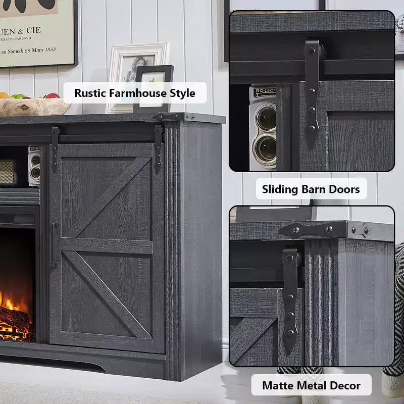 Meuble TV avec cheminée pour téléviseur de 80 pouces, meuble de divertissement style ferme de 32 pouces de haut avec tiroir, console média avec porte coulissante de style grange pour salon