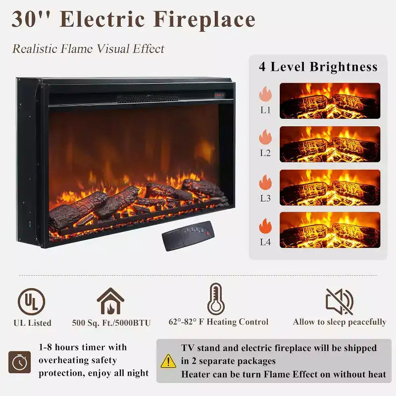 Meuble TV avec cheminée pour téléviseur de 80 pouces, meuble de divertissement style ferme de 32 pouces de haut avec tiroir, console média avec porte coulissante de style grange pour salon