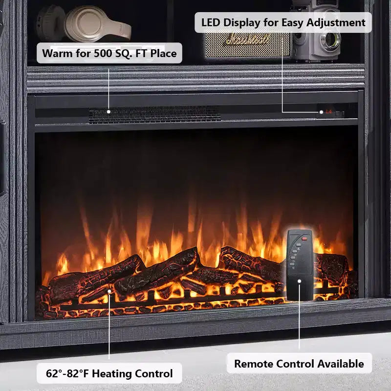 Meuble TV avec cheminée pour téléviseur de 80 pouces, meuble de divertissement style ferme de 32 pouces de haut avec tiroir, console média avec porte coulissante de style grange pour salon