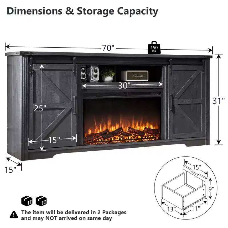 Meuble TV avec cheminée pour téléviseur de 80 pouces, meuble de divertissement style ferme de 32 pouces de haut avec tiroir, console média avec porte coulissante de style grange pour salon