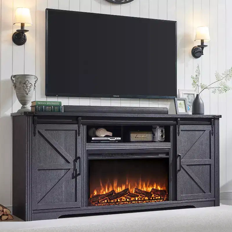 Fireplace TV Stand for 80 TV, 32 Tall Farmhouse Entertainment Center with Drawer, Media Console With Sliding Barn Door for Living Room