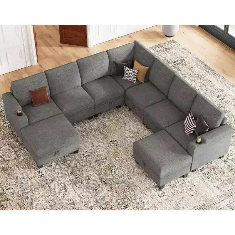 Canapé d'angle modulable 8 places en chenille Belffin en forme de U - Canapé convertible avec rangement caché et assemblage sans outils