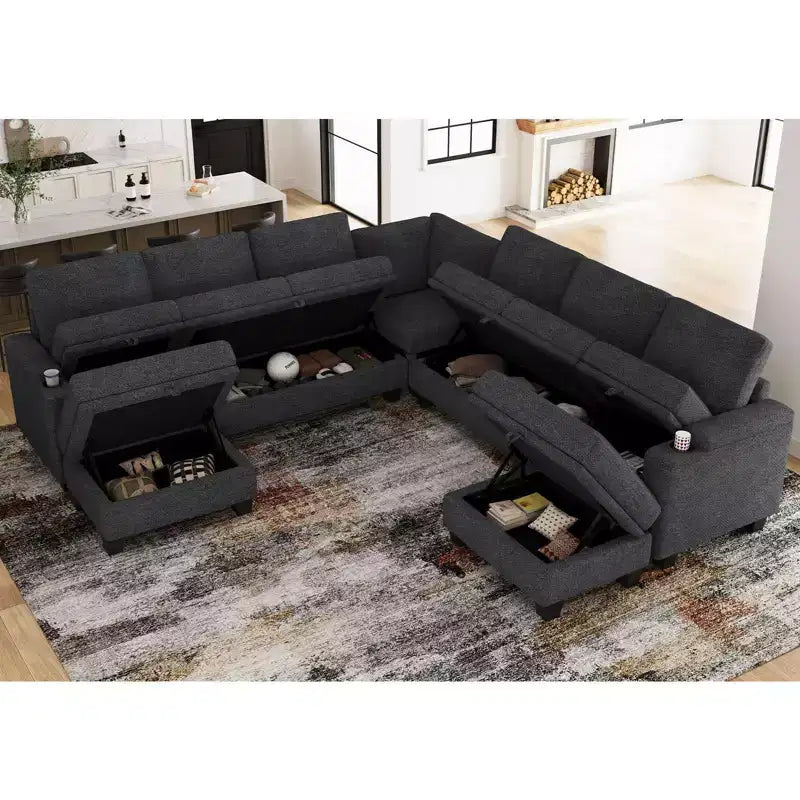 Canapé d'angle modulable 8 places en chenille Belffin en forme de U - Canapé convertible avec rangement caché et assemblage sans outils