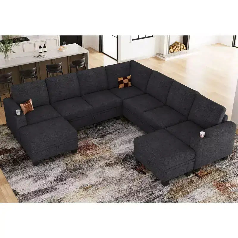 Canapé d'angle modulable 8 places en chenille Belffin en forme de U - Canapé convertible avec rangement caché et assemblage sans outils