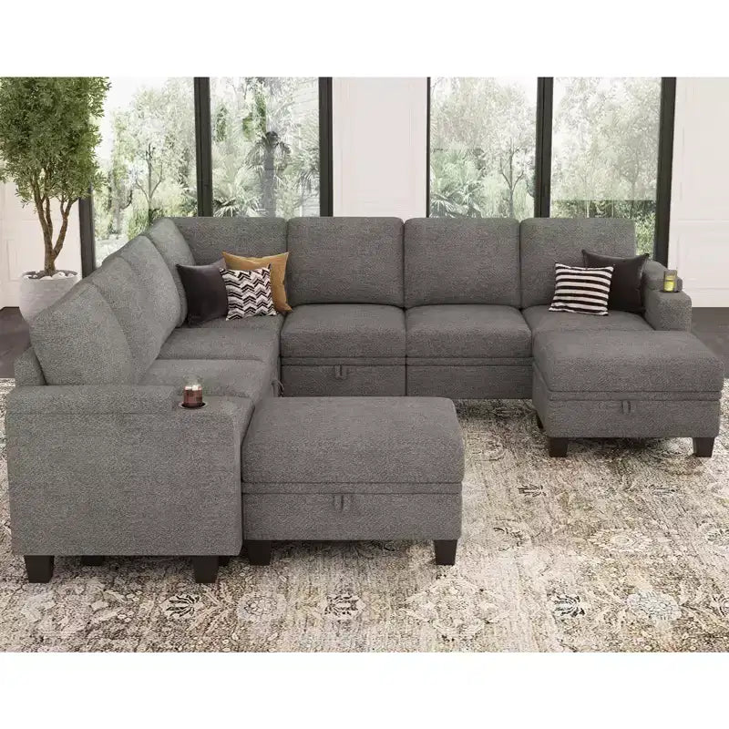 Canapé d'angle modulable 8 places en chenille Belffin en forme de U - Canapé convertible avec rangement caché et assemblage sans outils