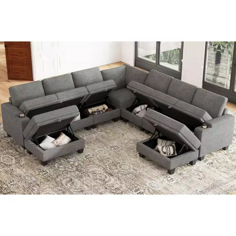 Canapé d'angle modulable 8 places en chenille Belffin en forme de U - Canapé convertible avec rangement caché et assemblage sans outils