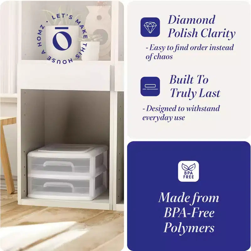 Chariot de rangement Homz, lot de 2, meuble à 2 tiroirs en plastique, taille moyenne, pour la maison et le bureau, cadre blanc avec tiroirs transparents