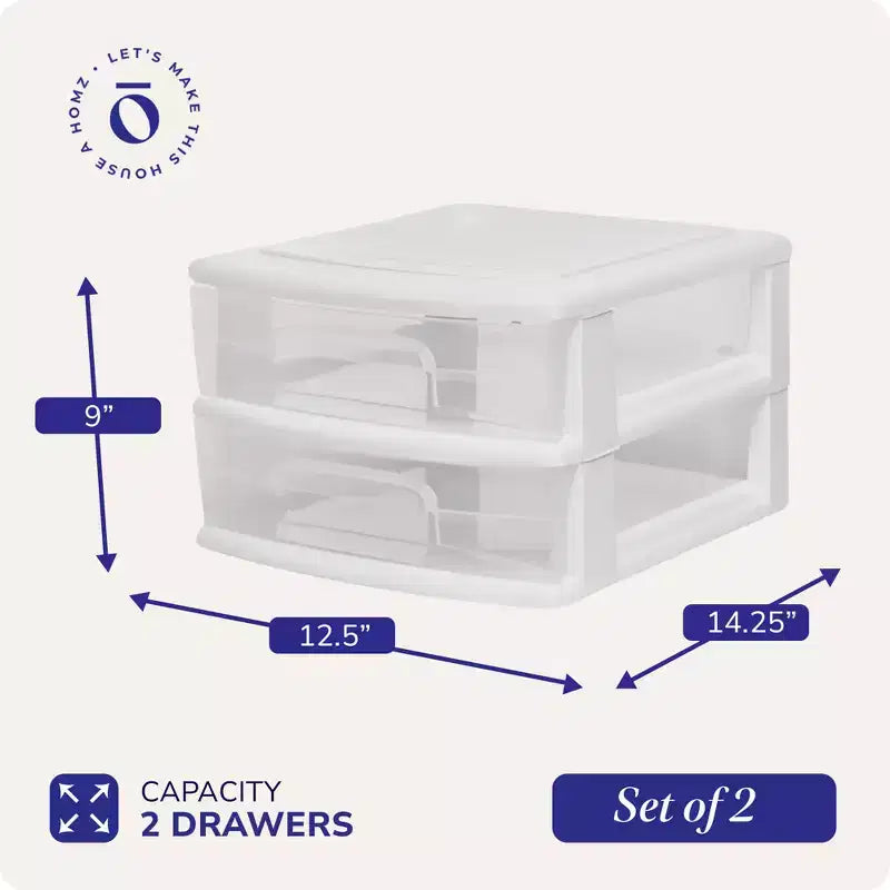 Chariot de rangement Homz, lot de 2, meuble à 2 tiroirs en plastique, taille moyenne, pour la maison et le bureau, cadre blanc avec tiroirs transparents