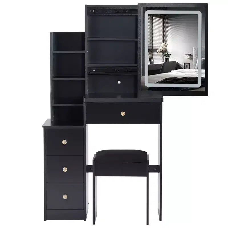 Okak Vanity Table with Drawers and Adjust LED Mirror, 29.2 Left-Side Bedside Vanity Desk with Cushioned Stool and Tri-color Switching, Black