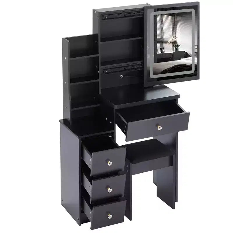 Coiffeuse Okak avec tiroirs et miroir LED réglable, coiffeuse de chevet gauche de 29,2 pouces avec tabouret rembourré et éclairage tricolore, Noir