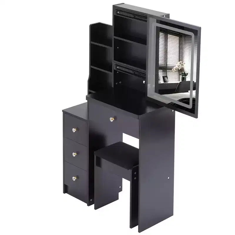 Coiffeuse Okak avec tiroirs et miroir LED réglable, coiffeuse de chevet gauche de 29,2 pouces avec tabouret rembourré et éclairage tricolore, Noir