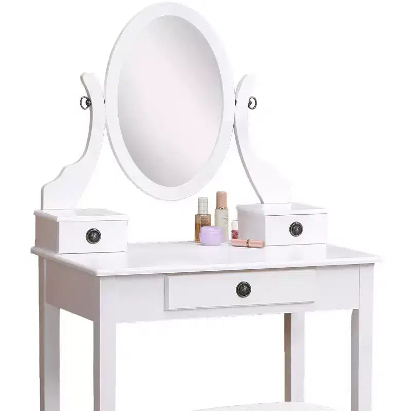 Coiffeuse et Chaise Okak, Ensemble Coiffeuse et Tabouret en Bois pour Chambre et Salon, avec Miroir Élégant Forme Ovale, Blanc