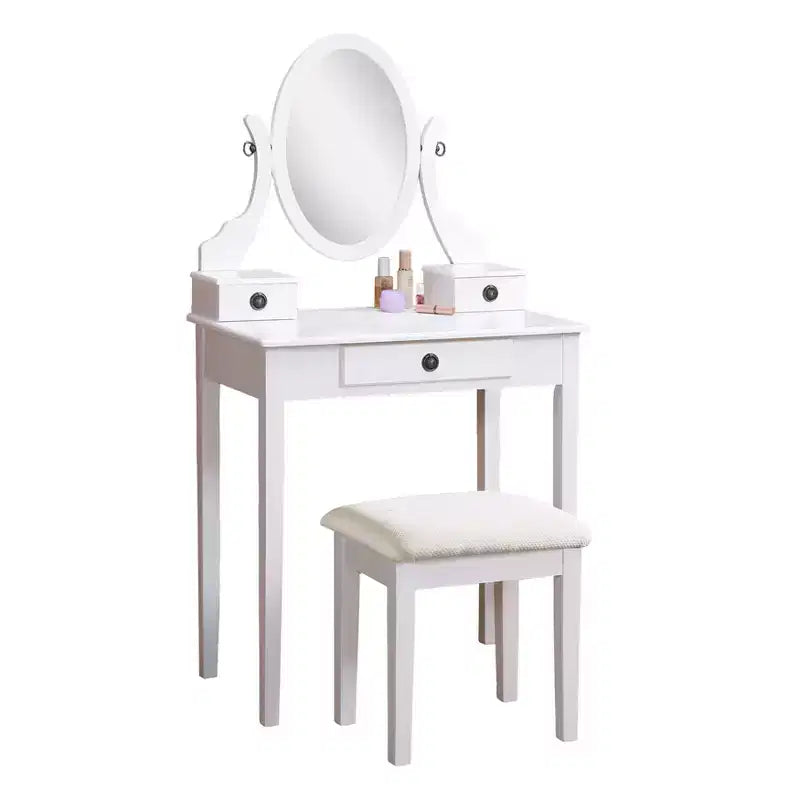 Coiffeuse et Chaise Okak, Ensemble Coiffeuse et Tabouret en Bois pour Chambre et Salon, avec Miroir Élégant Forme Ovale, Blanc