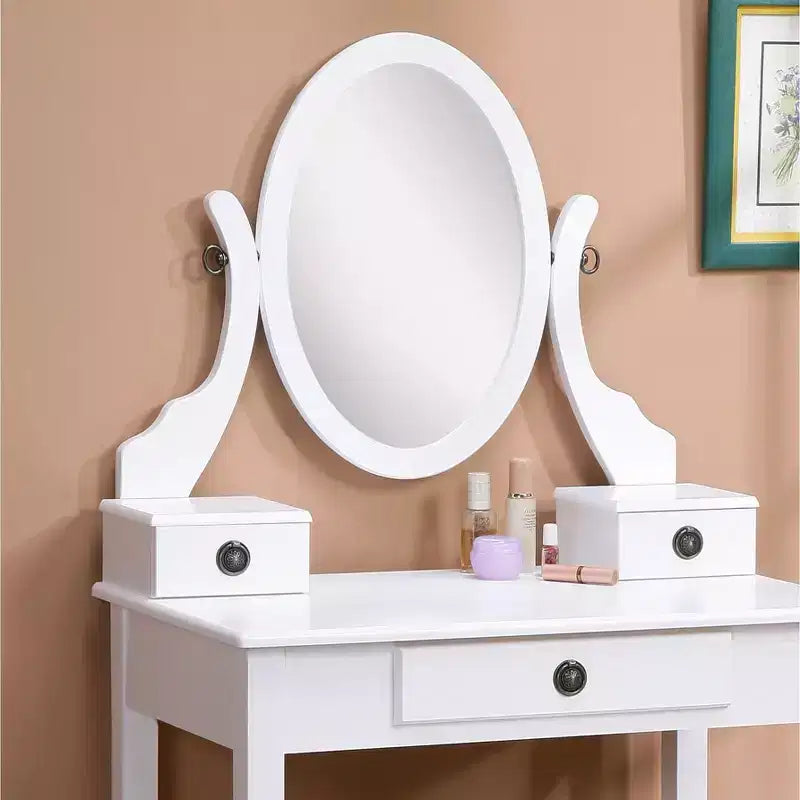 Coiffeuse et Chaise Okak, Ensemble Coiffeuse et Tabouret en Bois pour Chambre et Salon, avec Miroir Élégant Forme Ovale, Blanc
